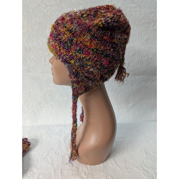 Nepal Silk Woven Beanie Gloves Handknit Multicolor Tassels Fleece Boho Hippie - Picture 5 of 10